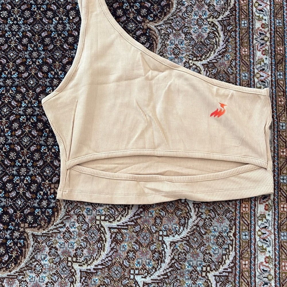 Beige Ribbed Top with Red and Orange Logo